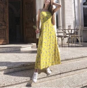 yellow floral dress zara FRUIT PRINT POPLIN HALTER MIDI